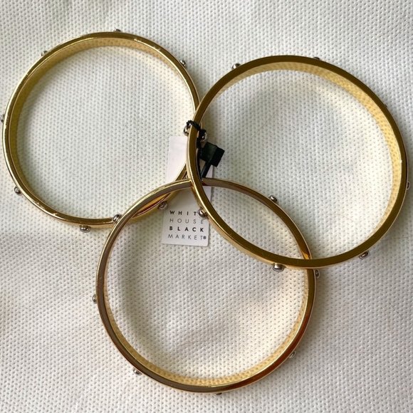 White House Black Market Stack of 3 Golden Bangles with Crystal Accents - Picture 7 of 10